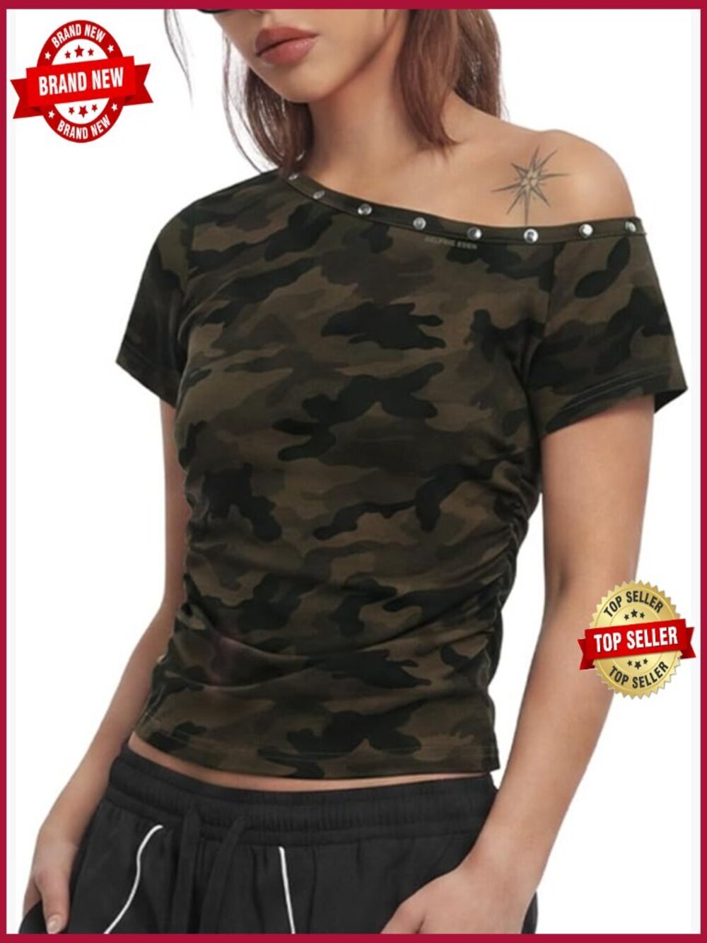 Off-Shoulder Camo T-Shirt Short Sleeve Summer Top
